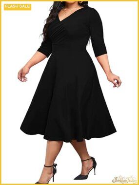 Plus Size Midi Dress A-Line V Neck Wrap 3/4 Sleeve with Pockets